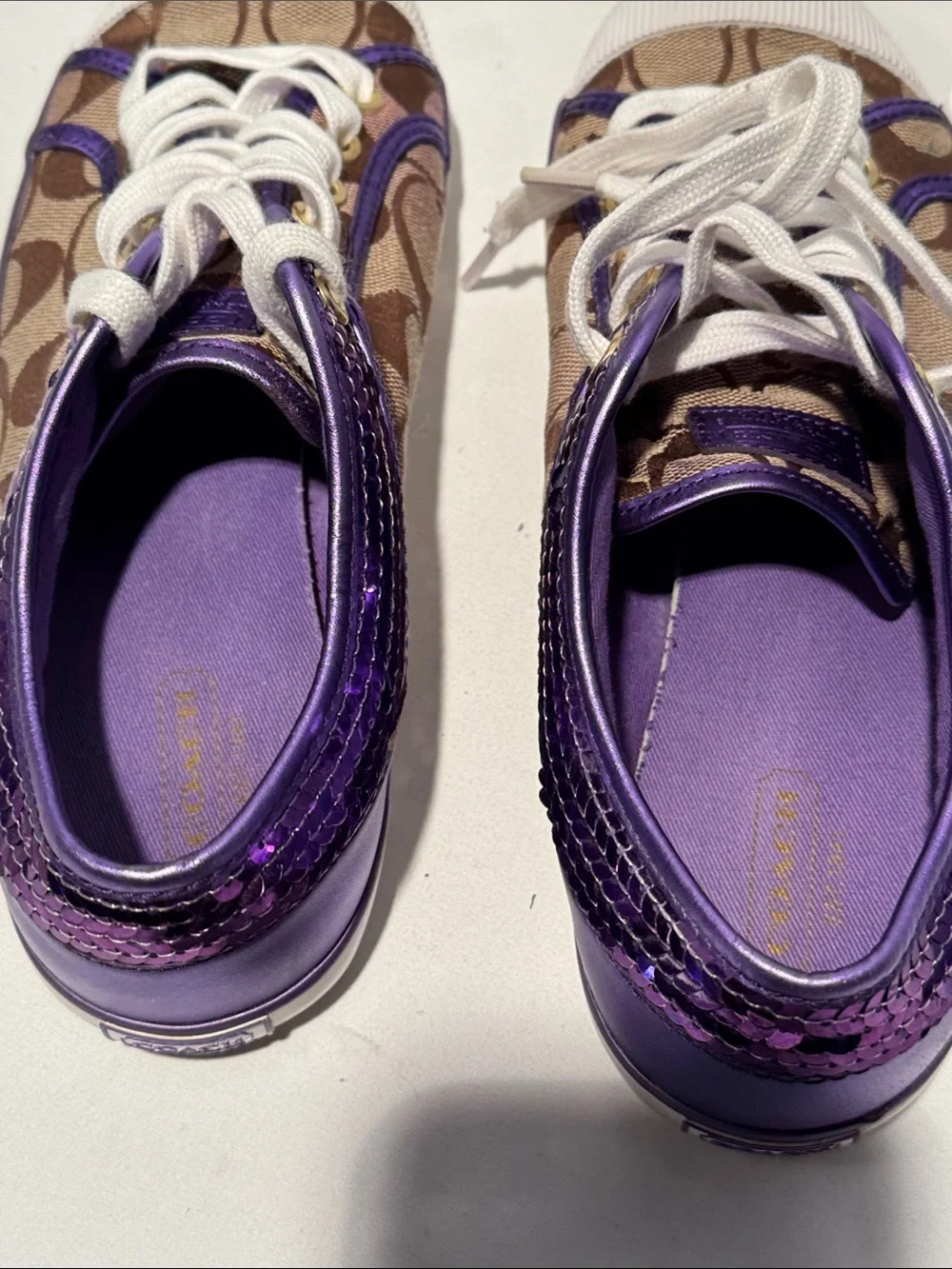 Coach Women's Signature Canvas Sneakers with Purple Trim and White Soles